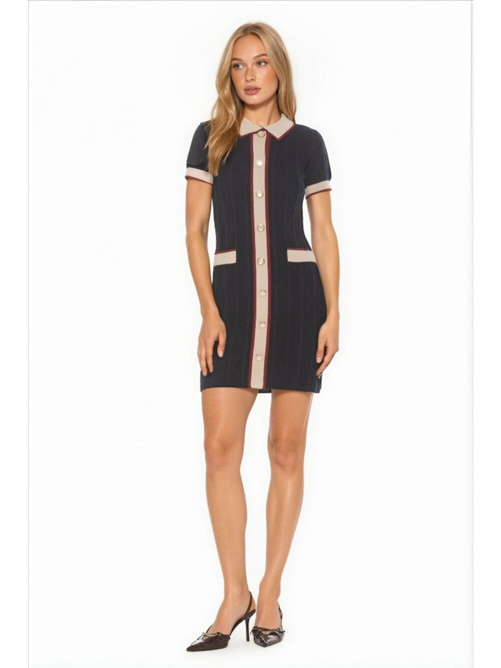Alexia Admor Cove Collared Button Down Knit Contrast Mini Dress Womens